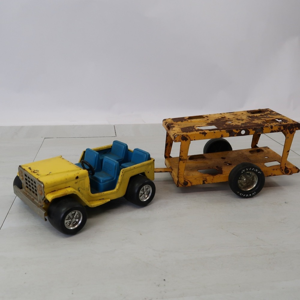Buddy L Jeep Hauler Yellow & Blue With Trailer 2 Piece Set Vintage 1970s